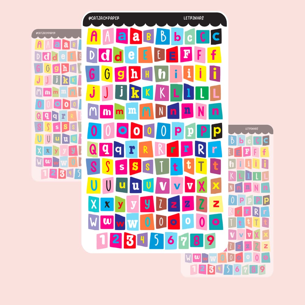 Cartelas de Adesivos Alfabetos estilo recortes 1 cm para Bullet Journal, scrapbook, colagens