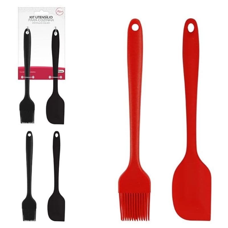 Kit Utensílios Silicone 2 Peças Espátula e Pincel Culinário Cozinha Confeitaria Bolo Massas