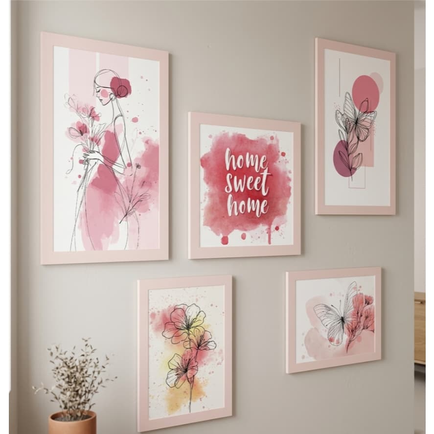 Quadros Decorativos Mulher Rosa Floral E Borboleta Para Sala Quarto Cozinha Hall De Entrada