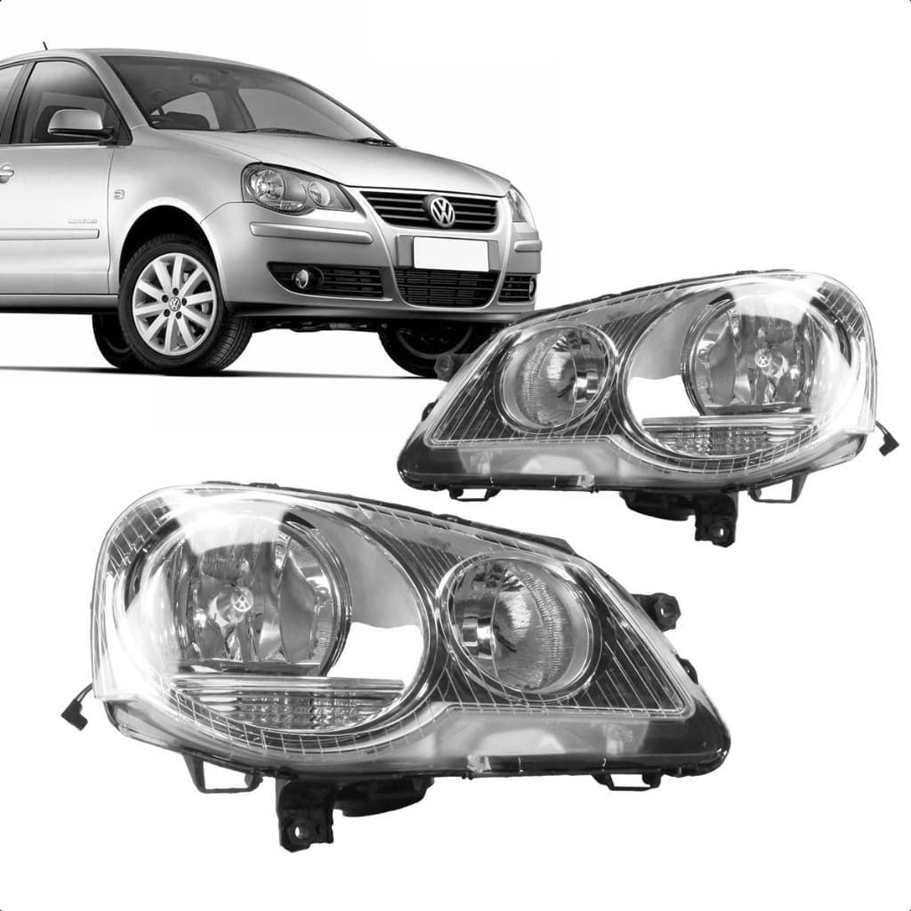 Par Farol Polo 2007 a 2011 Máscara Cromada Foco Duplo Manual (LD + LE)