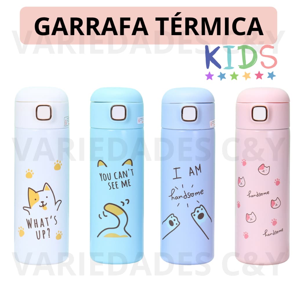 Garrafa Infantil Térmica Portátil 420ml Aço Inox Desenho Fofo de Gatinhos Água Café Chá Suco