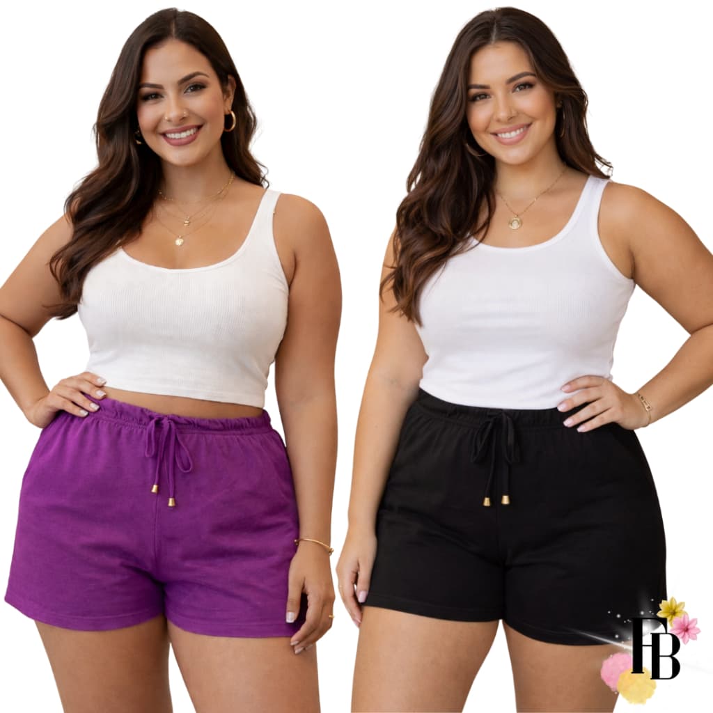 Kit 2 Shorts Feminino Plus Size 38 ao 54 Algodão Premium Cintura Alta Confortável Tendência Verão