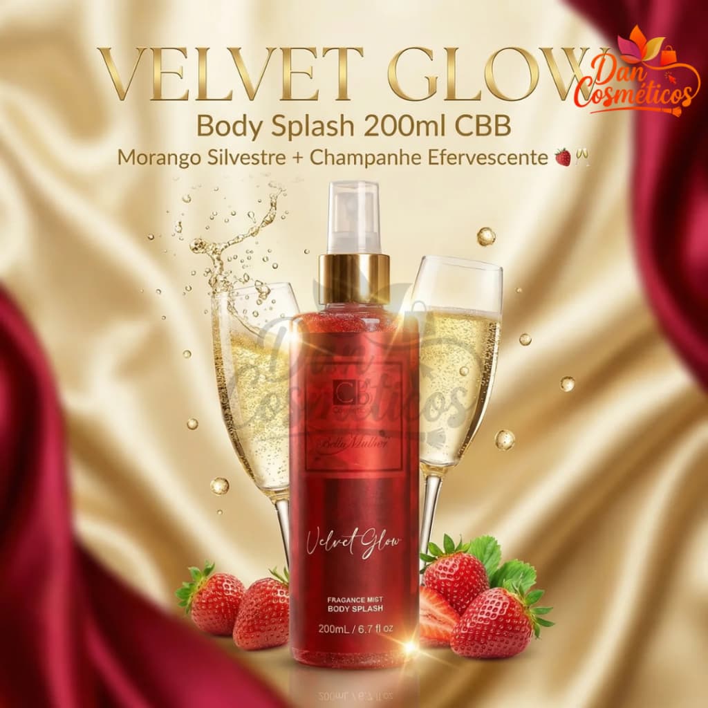 Body Splash Velvet Glow 200ml CBB Cosméticos Brilho Mica Dourada-Morango Silvestre+Champanhe+Almíscar
