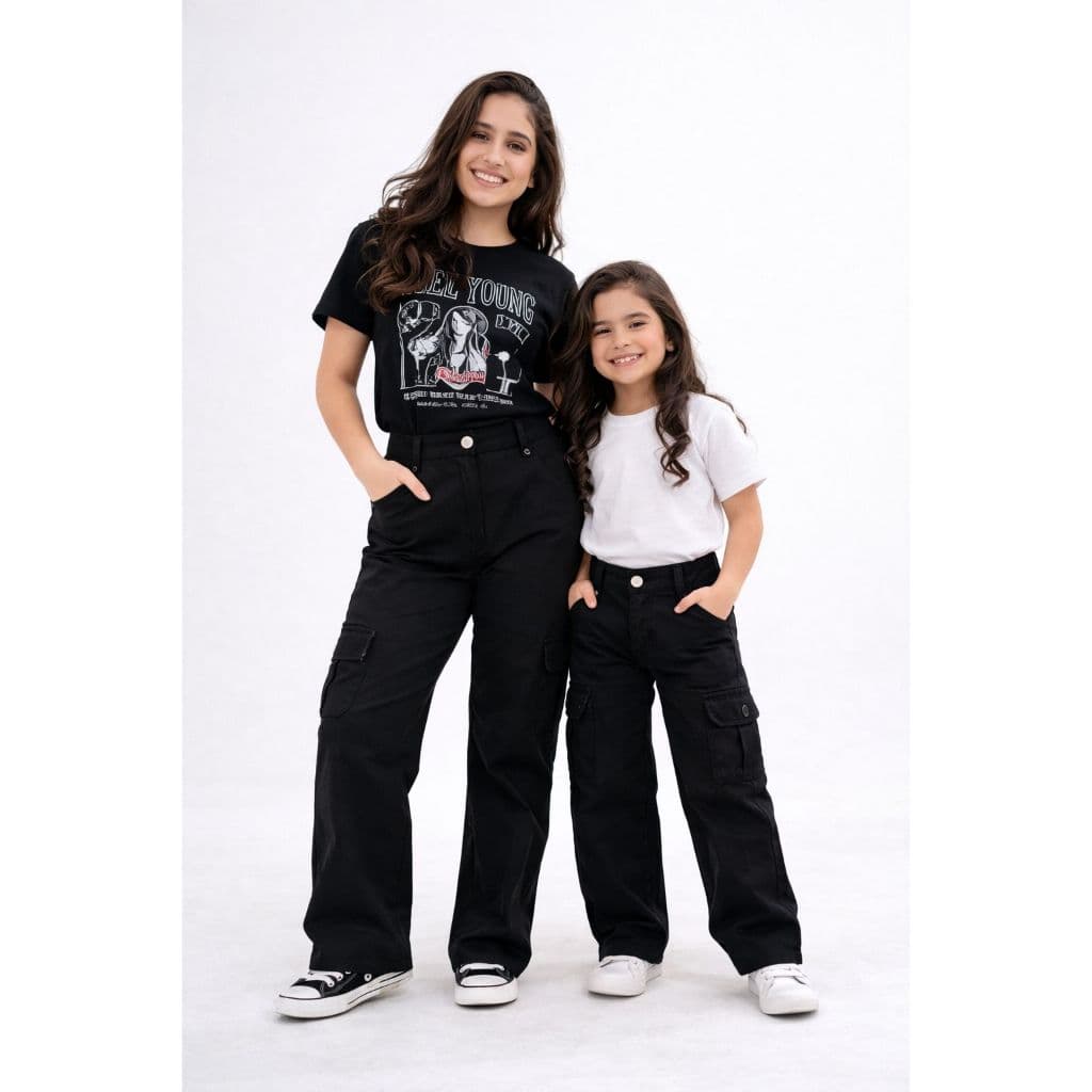 Calça Preta Cargo Wide Leg Feminina Infantil Juvenil Premium Moda Kids Estilo Gringa Moderna