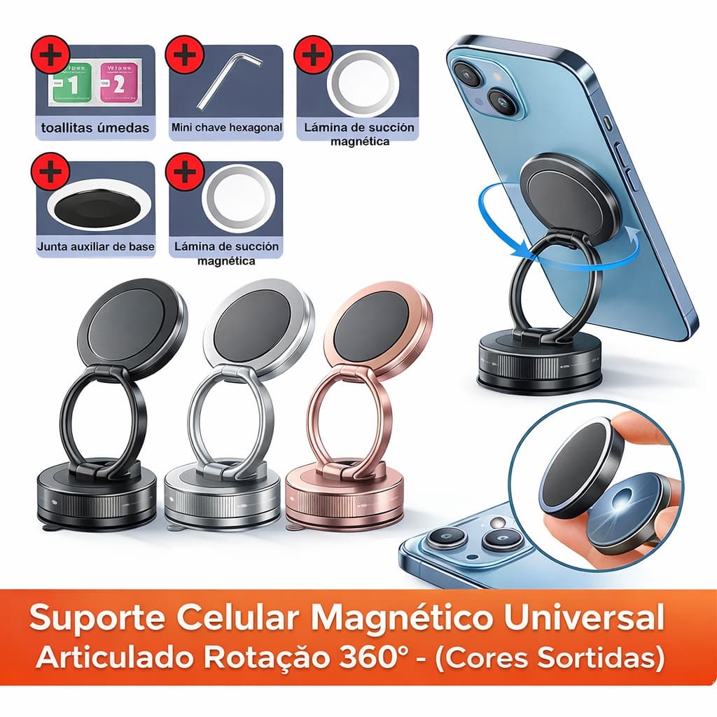 Suporte Celular Magnético Universal 360° Rotação Articulado Base Fixa Carro Mesa Ajustável Sup/Smart