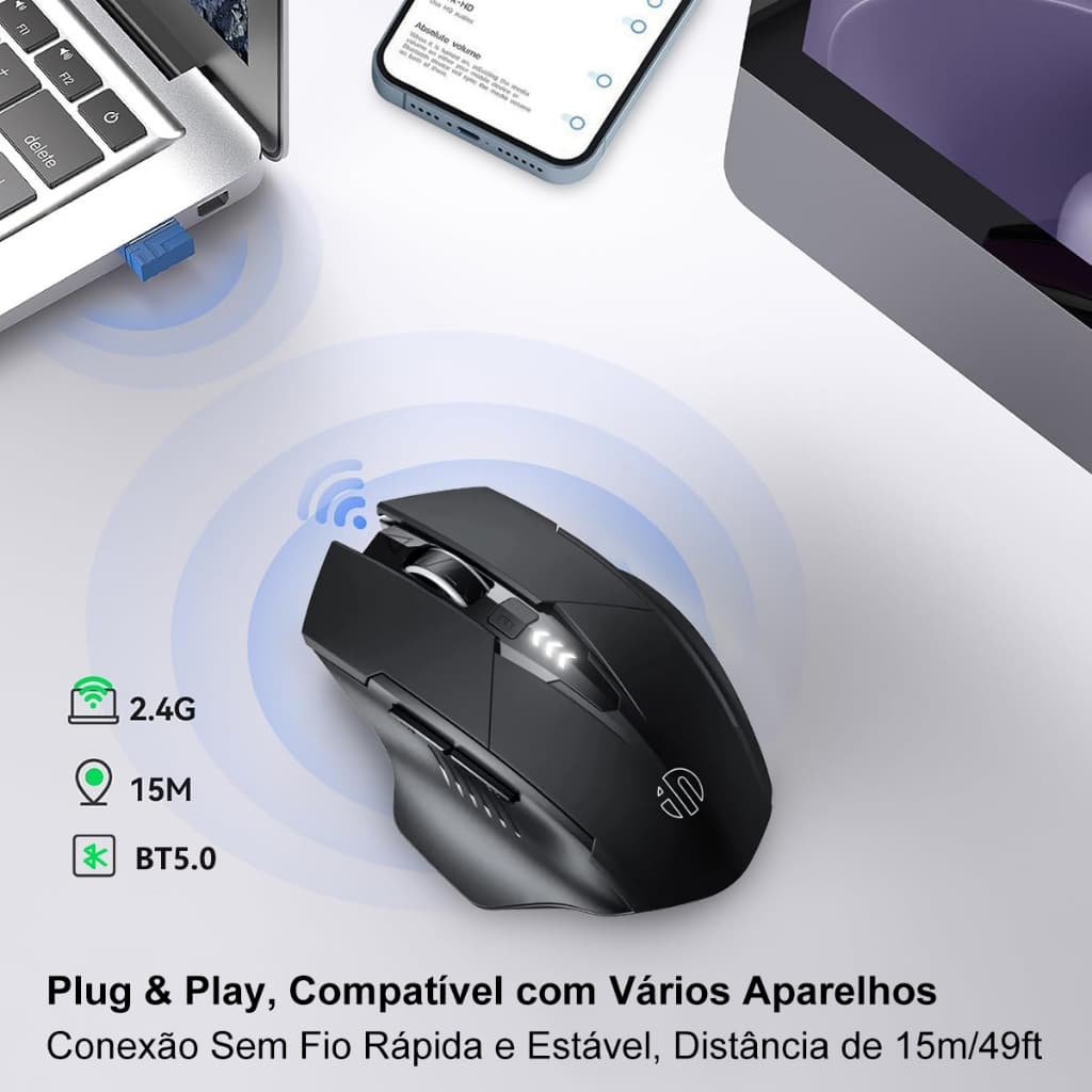 Preto Mouse 2.4G Bluetooth Design Ergonomico Clique Silencioso Compativel com Muitos Dispositivos Bateria Grande