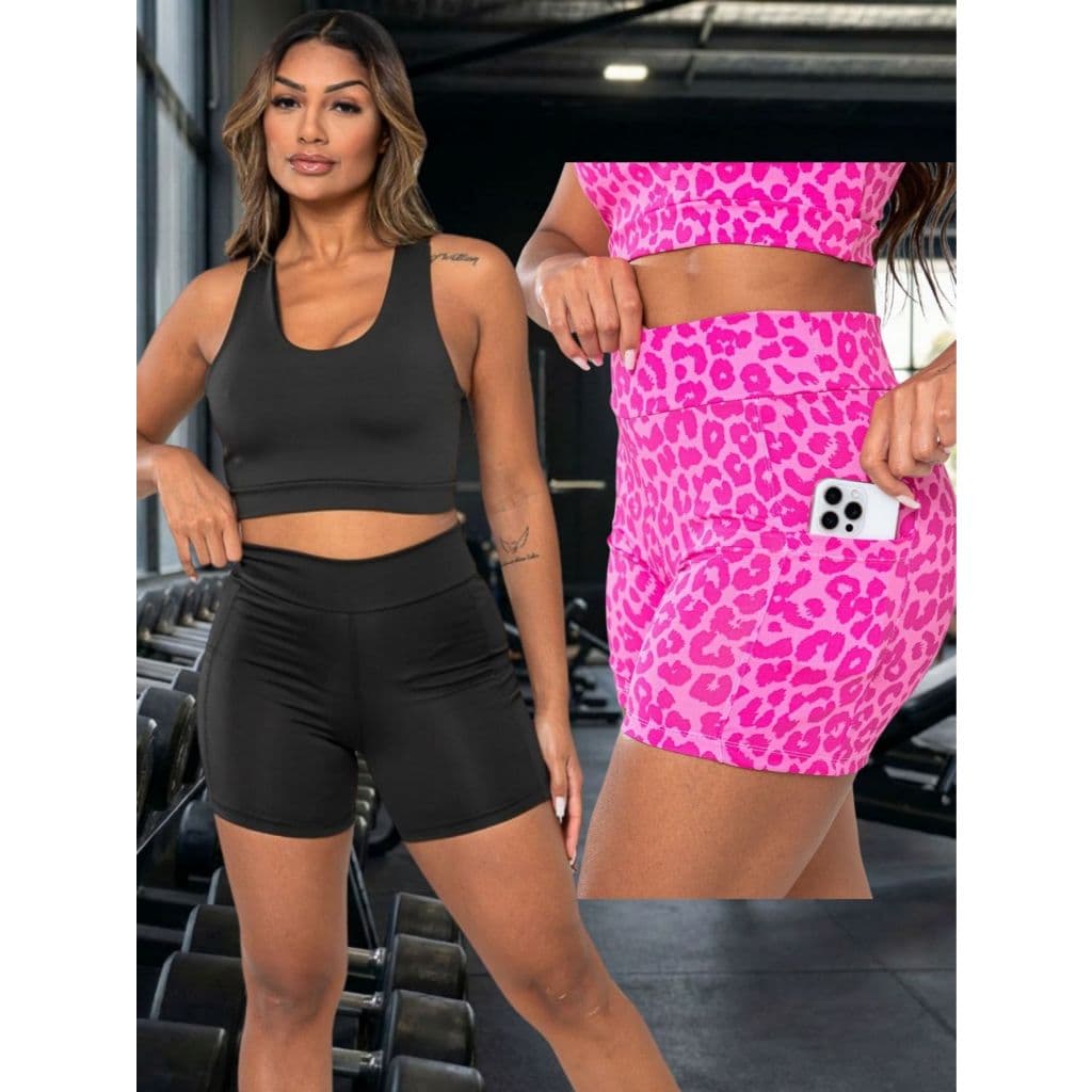 Kit 2 Shorts Virginia Feminino para Academia com Bolso Cintura Alta Fitness Musculação Gym Confortável