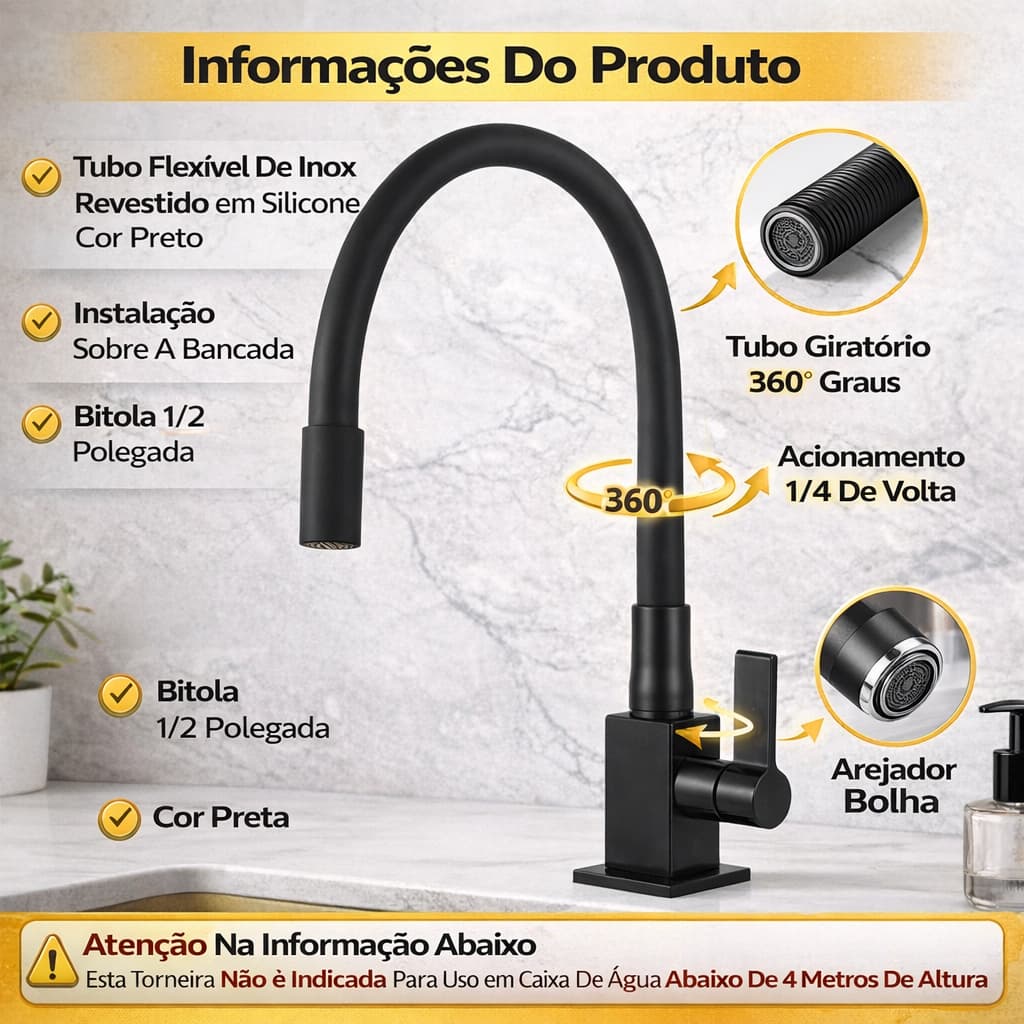 Torneira Preta Flexível de bancada Para Cozinha Torneira De Cozinha Para Pia Balcão Bancada
