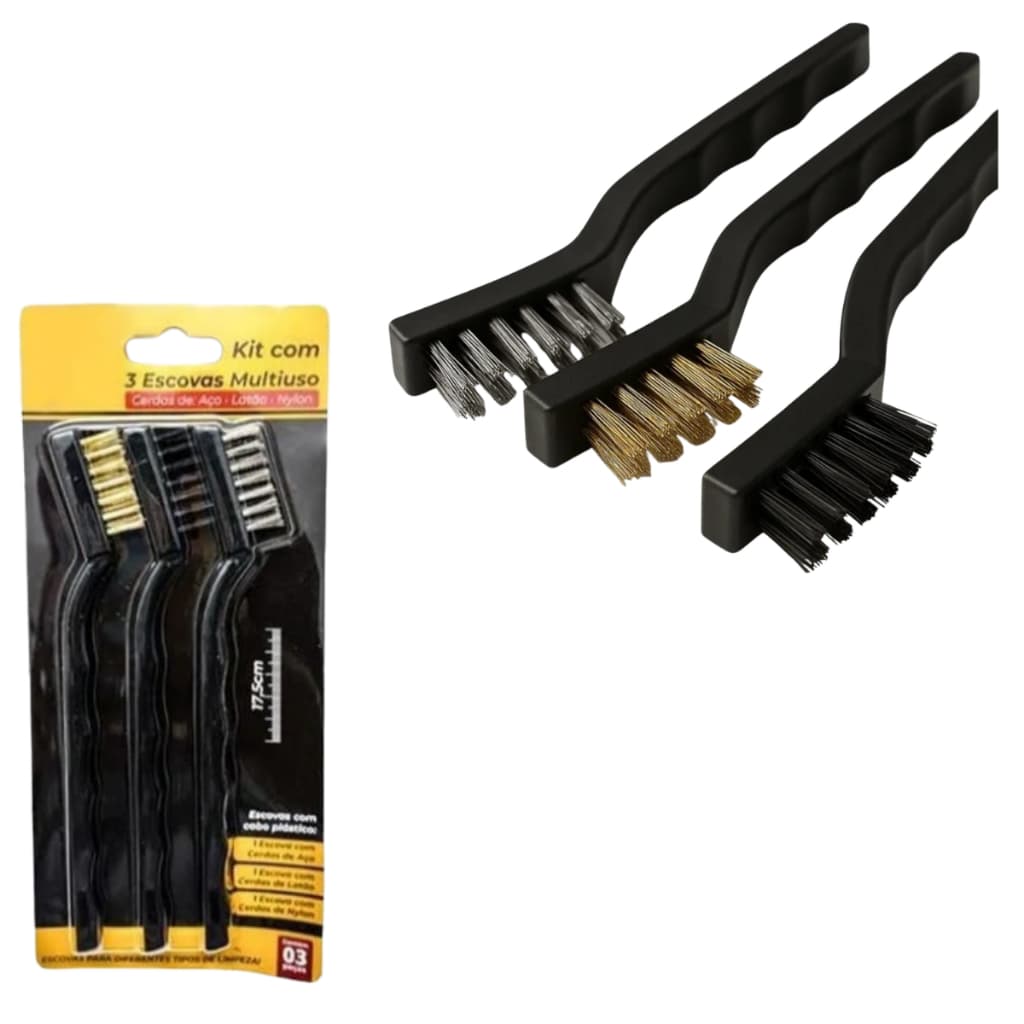 Kit 3 Escovas de Aço Multiuso Aço Latão Nylon Cabo Plástico Limpeza Forno Grelha Fogão
