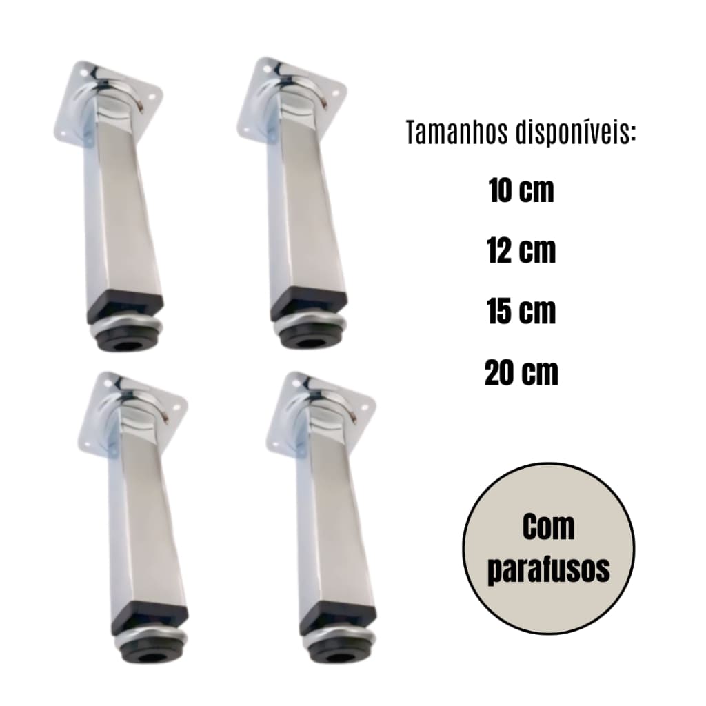 Kit c/ 4 UND Pés Para Móveis Cromado Regulável Quadrado de 10cm | 12cm | 15cm | 20cm