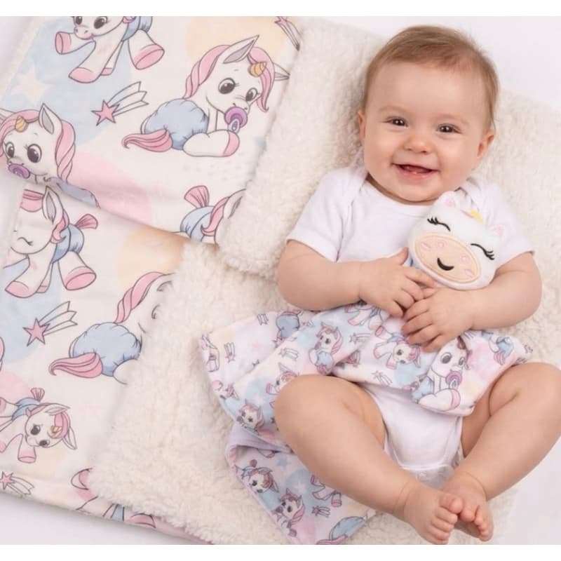 Kit Bebê Manta Cobertor Com Naninha Unicórnio Sherpa Macio 2pçs para Bebê Menina