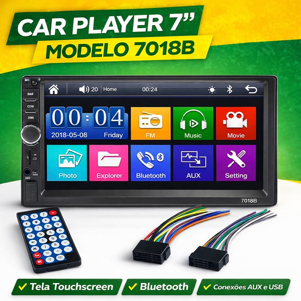 MP5 Player Automotivo 7 Polegadas CarPlay Bluetooth Espelhamento Mirror Link Rádio Tela TouchCompatível Android iOS