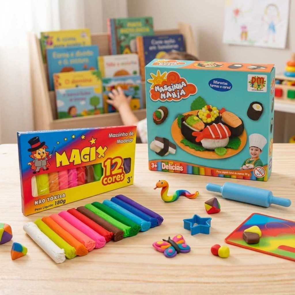 Massinha De Modelar Mania Delicias Kit Massinha 12 Unid Brinquedo Shusi Hamburguer Sorvete Criatividade Não Tóxico