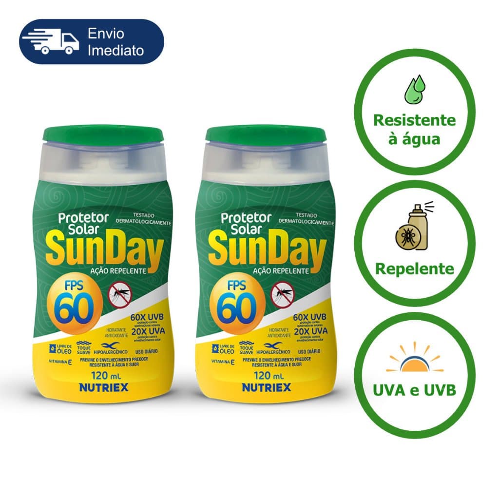 Kit 2 Protetor Solar com Repelente 60 Fps 120 Ml Sunday - Proteção à Pele Contra Raios UVA/UVB e Insetos