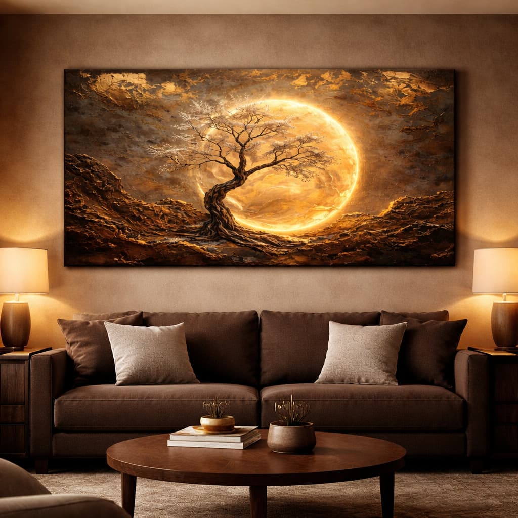Quadro Decorativo 1 Peça MDF Árvore Lua Abstrato Luzes Sala Quarto Moderno Luxo Elegante