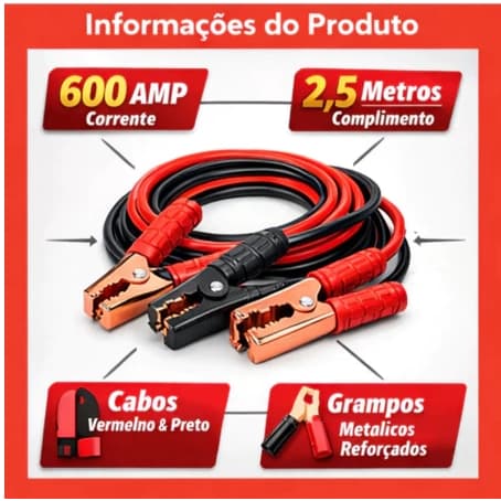 🚗⚡Kit Cabos Chupeta Auto Bateria 600 Amp Extensão 2,5 Metros: Potência e Alcance Profissional