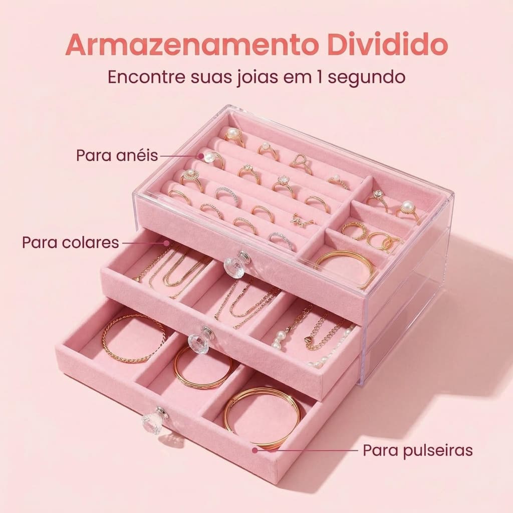 Porta Joia Acrílico Luxo 3 Camadas Brinco Anel Compartimento Rosa