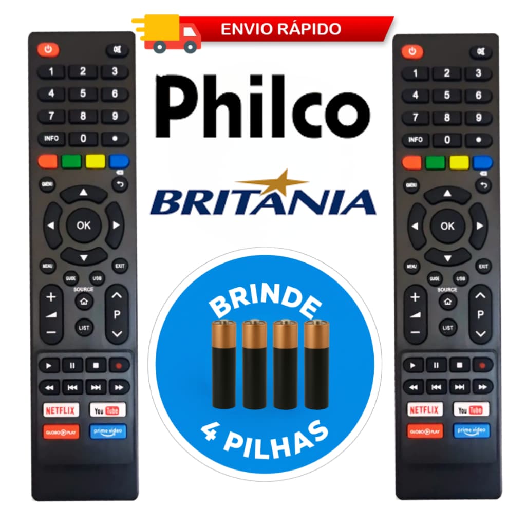 Controle Remoto TV Philco e Britânia Smart Compatível com Teclas Netflix, Globoplay, YouTube