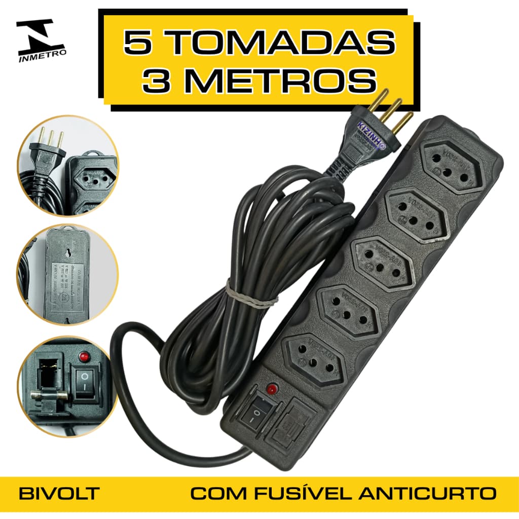 Filtro de Linha 5 Tomadas 10A 3 Metros Régua + Cabo Bivolt  Fusível de Proteção e Interruptor Liga/Desliga– Preto