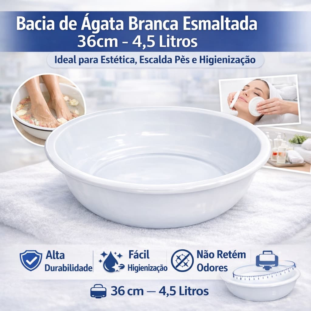 Bacia Ágata Branca Esmaltada 36cm 4,5L Clínica Estética Higiene Profissional Resistente Fácil Limpeza Durável