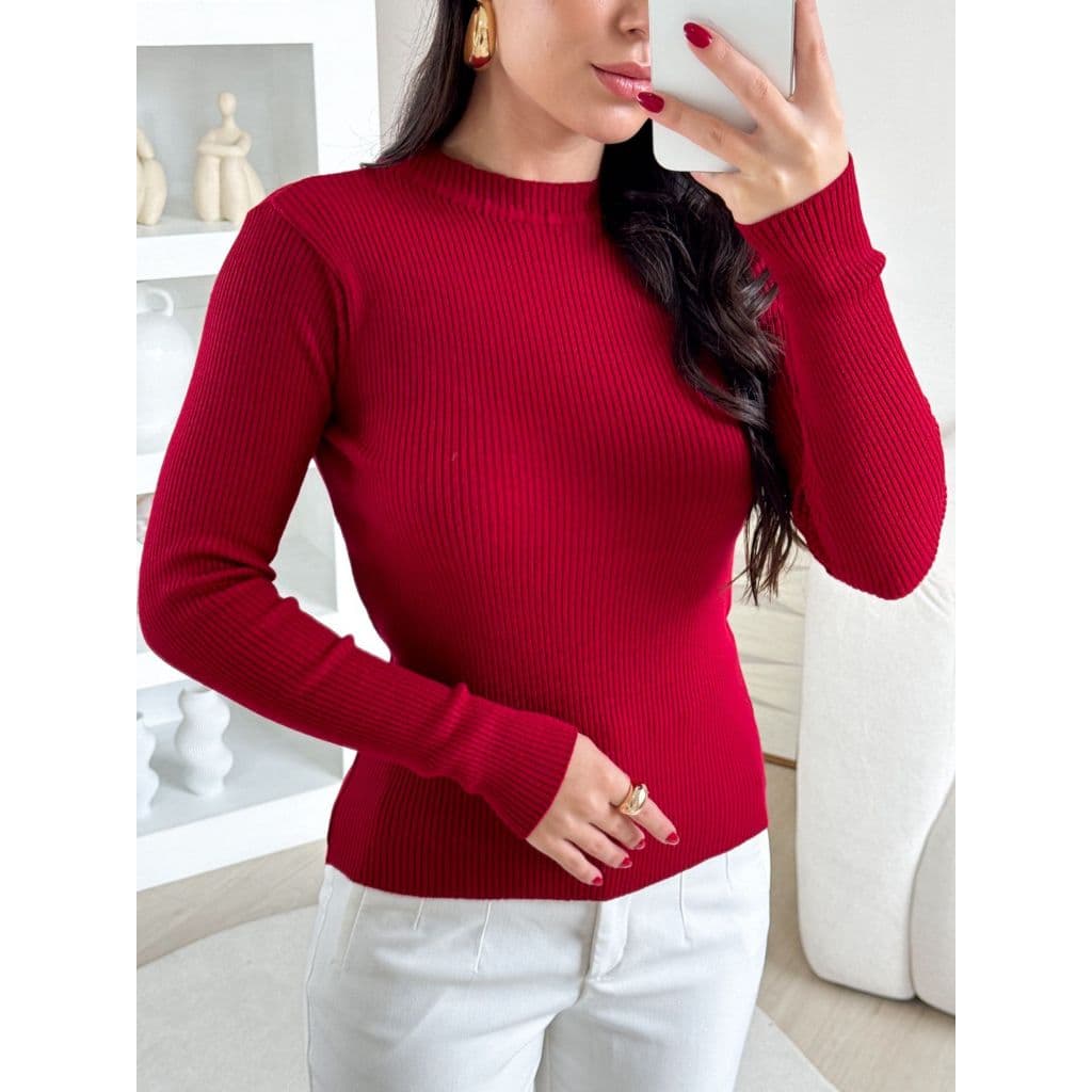 Blusa De Frio Básica Feminina Tricot Canelado Manga Longa Gola Careca Modal Premium