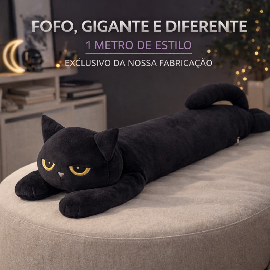 Pelúcia Gigante Gato Preto 1 Metro e 50 cm Almofada Grande Macia Travesseiro Fofo Decoração