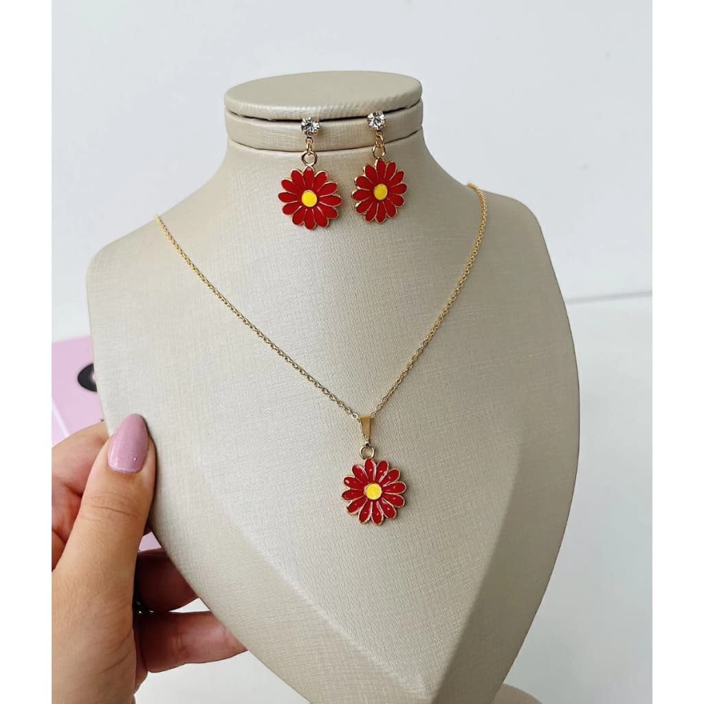 Conjunto Brinco e Colar Margarida - Vermelho Folheado a Ouro 18k