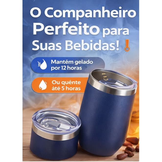 Copo Cuia Térmico em Aço Inox 360ml com Tampa Hermética Antivazamento Premium - Azul Marinho
