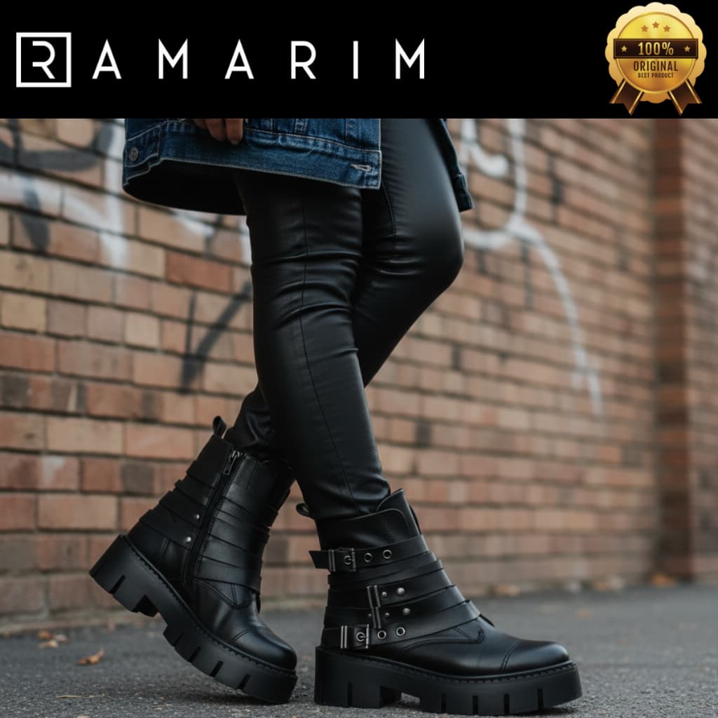 Bota Feminina Ramarim Cano Curto Coturno Tratorado Detalhe Tiras e Fivelas Confortável Original