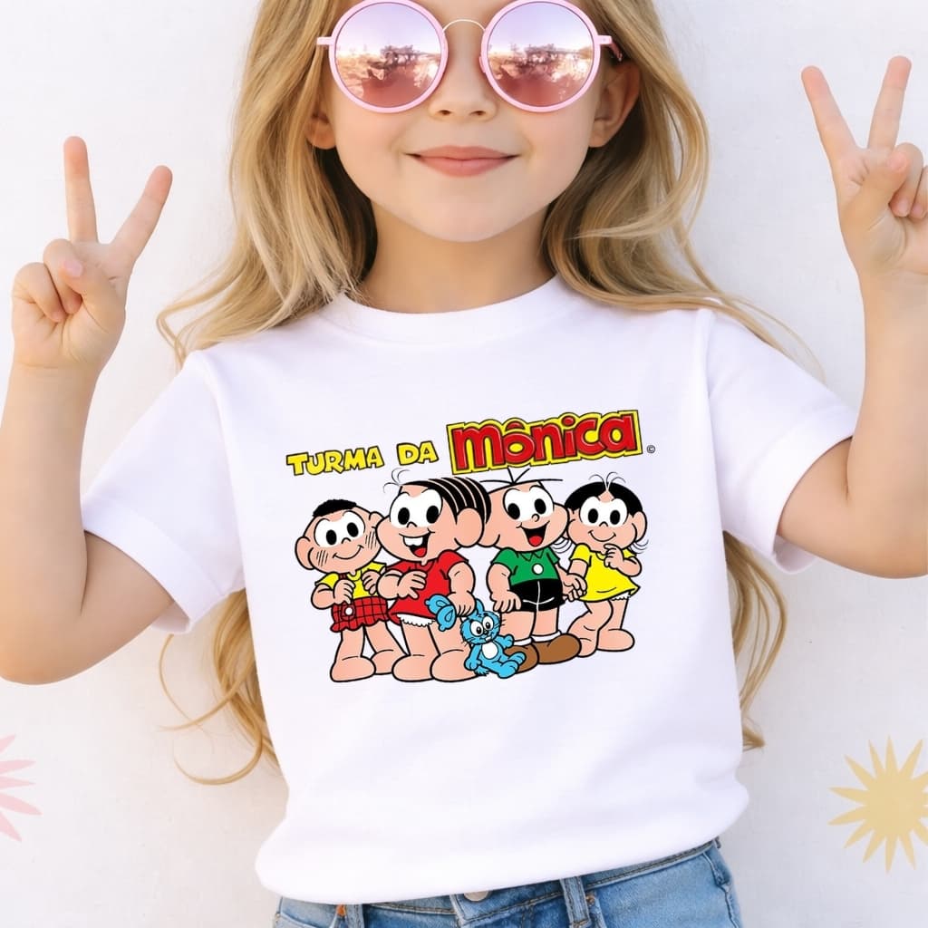 Camiseta Infantil Menina Turma da Mônica Cebolinha Cascão e Magali Blusa em Malha Premium Desenhos