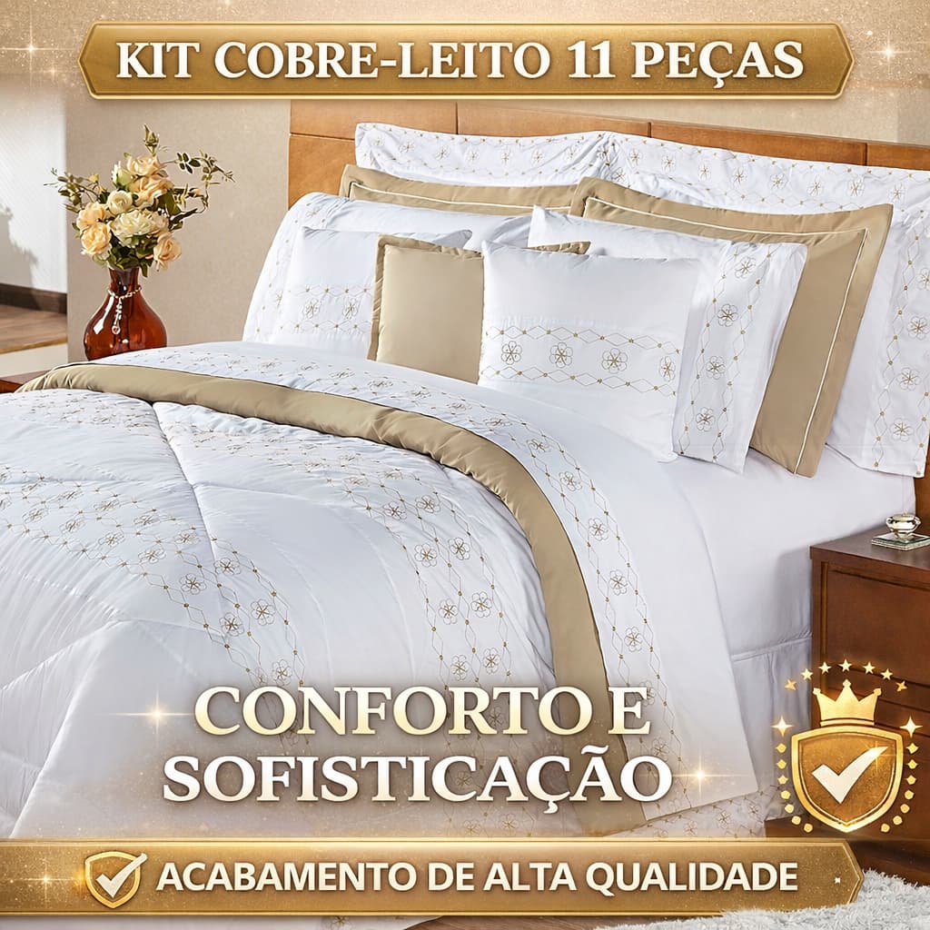 Kit Edredom Queen De Luxo Damasco 11 Peças Com Toque Suave e Confortavel