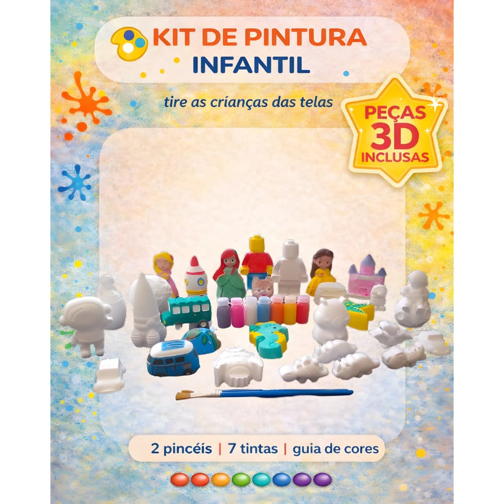 Kit de Pintura de Gesso Infantil 30 Peças | 7 Cores + Pincel + Guia de Mistura de cores