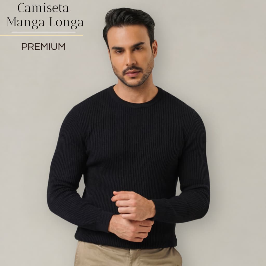 Camiseta Manga Longa Masculina Sueter tshirt de Frio Slim Texturizada