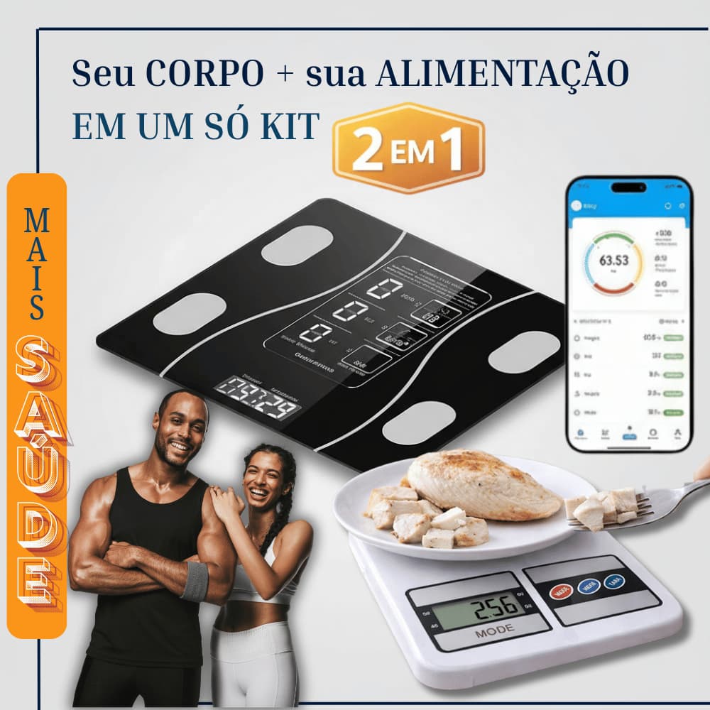 Kit Balança Bioimpedância Digital Bluetooth App Inteligente Balança Cozinha Dieta Fitness