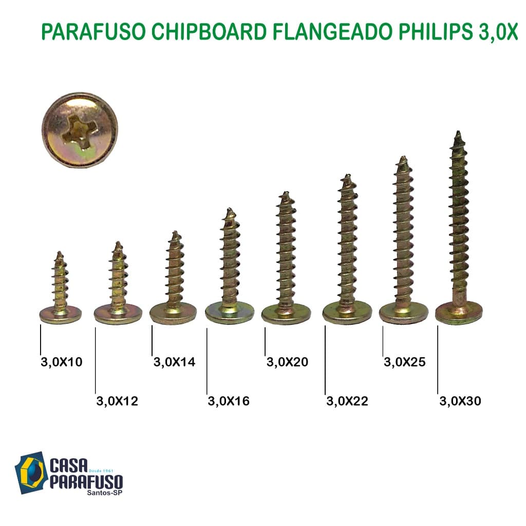 PARAFUSO CHIPBOARD FLANGEADA 3,0X MM - MARCENARIA, MDF, MDP, COMPENSADOS, BUCHAS - 100 UNIDADES
