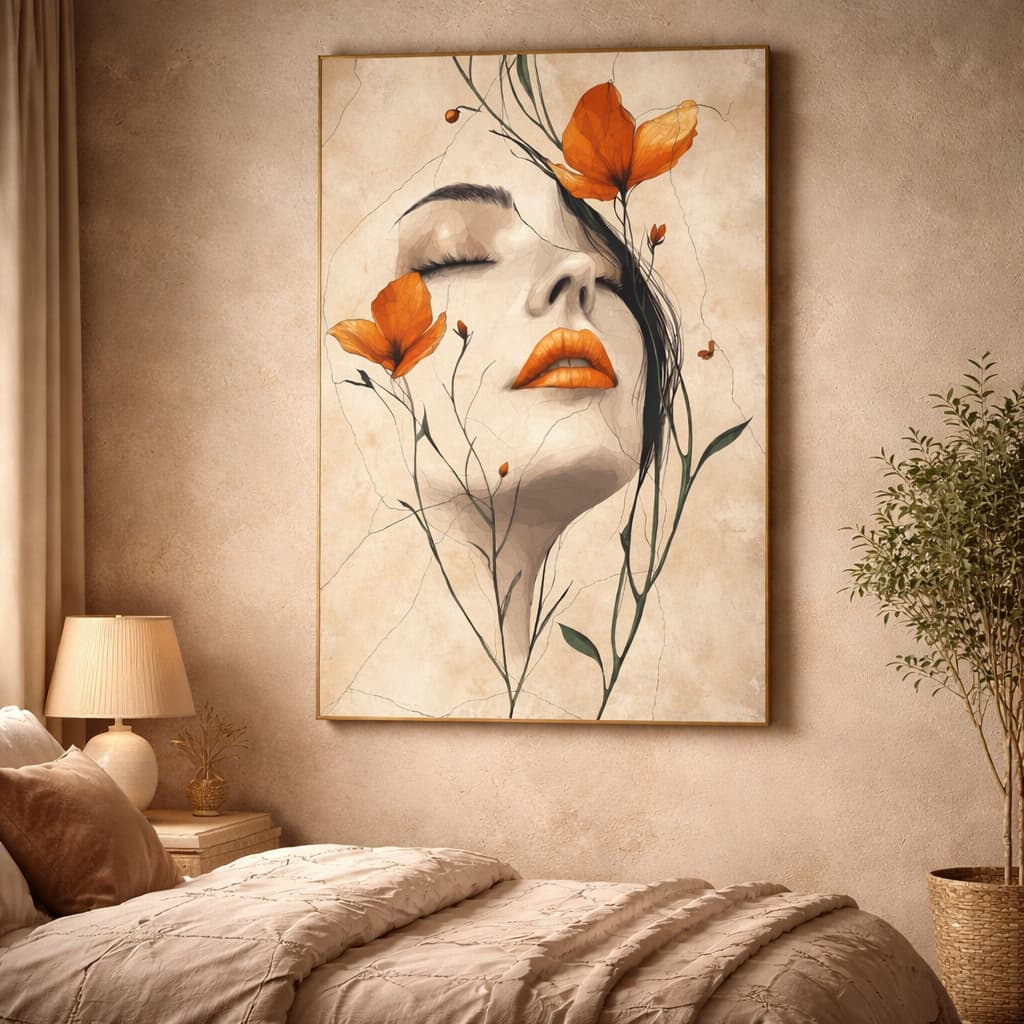 Quadro Decorativo Rosto Feminino Angelical Sereno Com Flores Laranja Delicado Minimalista Boêmio