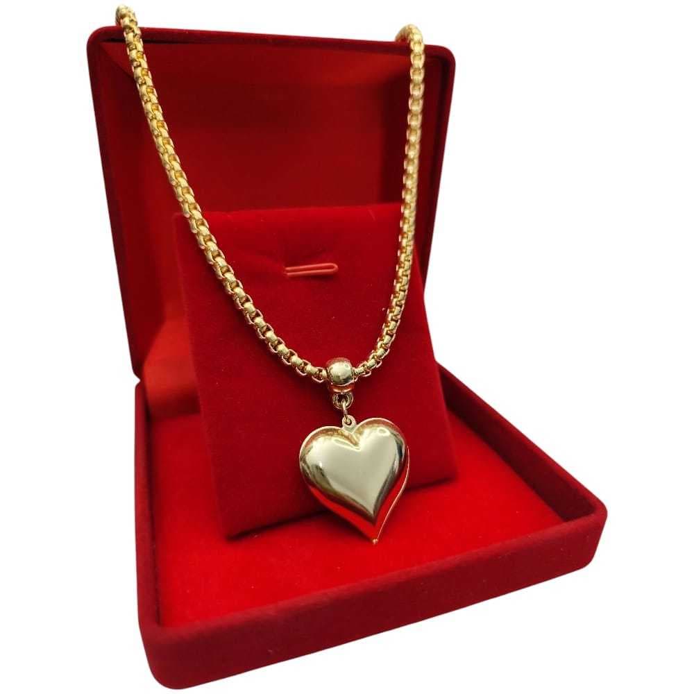 Colar Feminino Veneziana Luxo Pingente Coração Liso Gargantilha Dourado Banhado A Ouro 18K Tendência