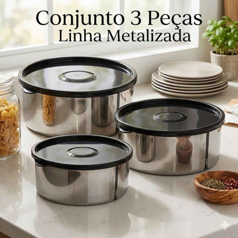 Potes Plástico Metalizado para Alimentos com Tampa Hermética P/M/G POTTE