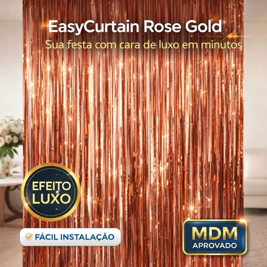 Cortina Metalizada EasyCurtain Rose Gold 2x1m Decoração Festa Brilho Luxo Painel Fundo Fotográfico