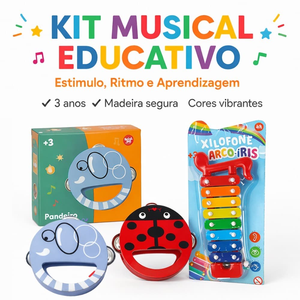 Kit Instrumentos Musicais Infantil Educativo Madeira Xilofone + Pandeiro 3+