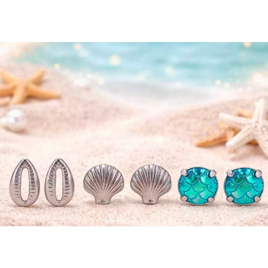 Trio de Brincos Aço Inoxidável 316L – Búzios, Concha e Pedra Sereia | Hipoalergênico e Durável ✨