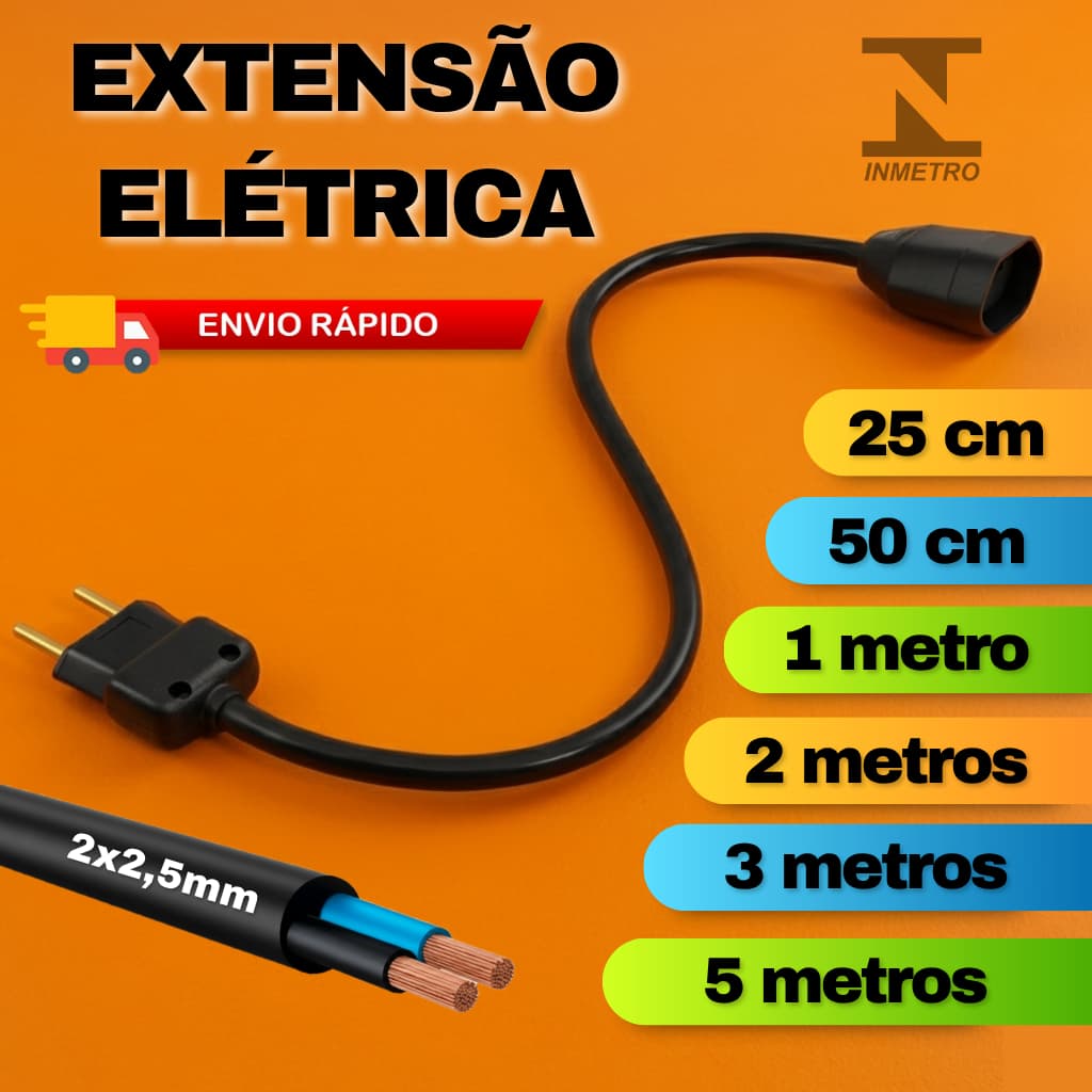 Extensão Elétrica Reforçada - 50cm/1m/2m/3m/5m Cabo PP 2x2,5 Grosso | 10A e 20A Bivolt | Prolongador Energia Certificado