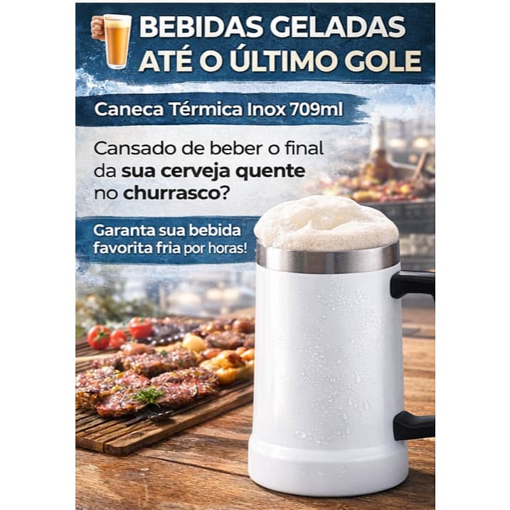 Caneca Térmica Inox de Cerveja e Chopp 709ml Grande Parede Dupla a Vácuo Térmica BRANCA