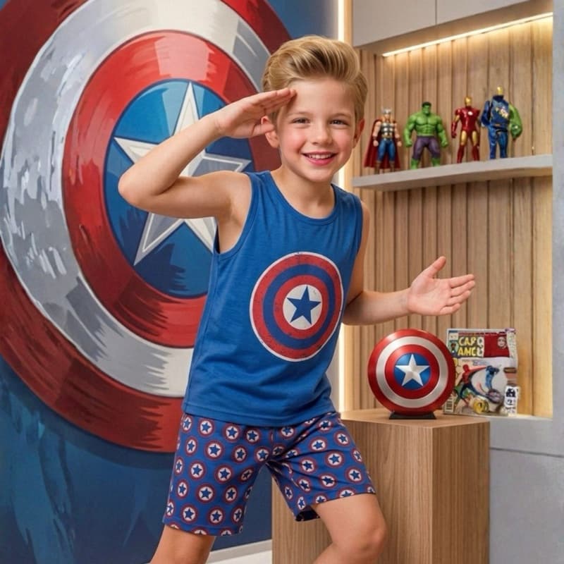 Pijama Infantil Menino Regata Super homem Curto Heroi Verão Roupa de criança dormir