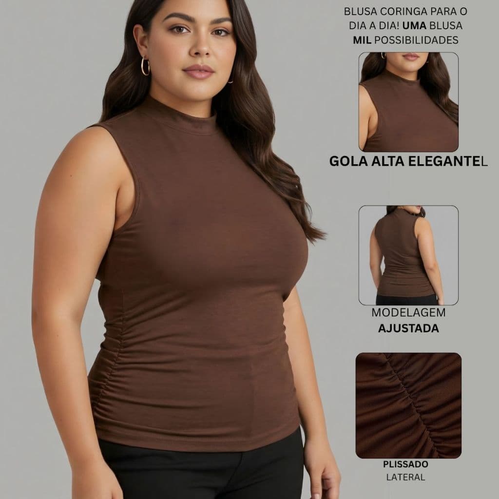 Regata Gola Alta Plus Size Feminina Plissada Detalhe Lateral Gola Halter Sem Mangas Casual Elegante Moda do G1 ao G4