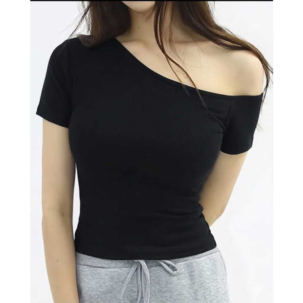 Blusa Feminina Canelada Ombro a Ombro Assimétrica - Manga Curta Moda Casual