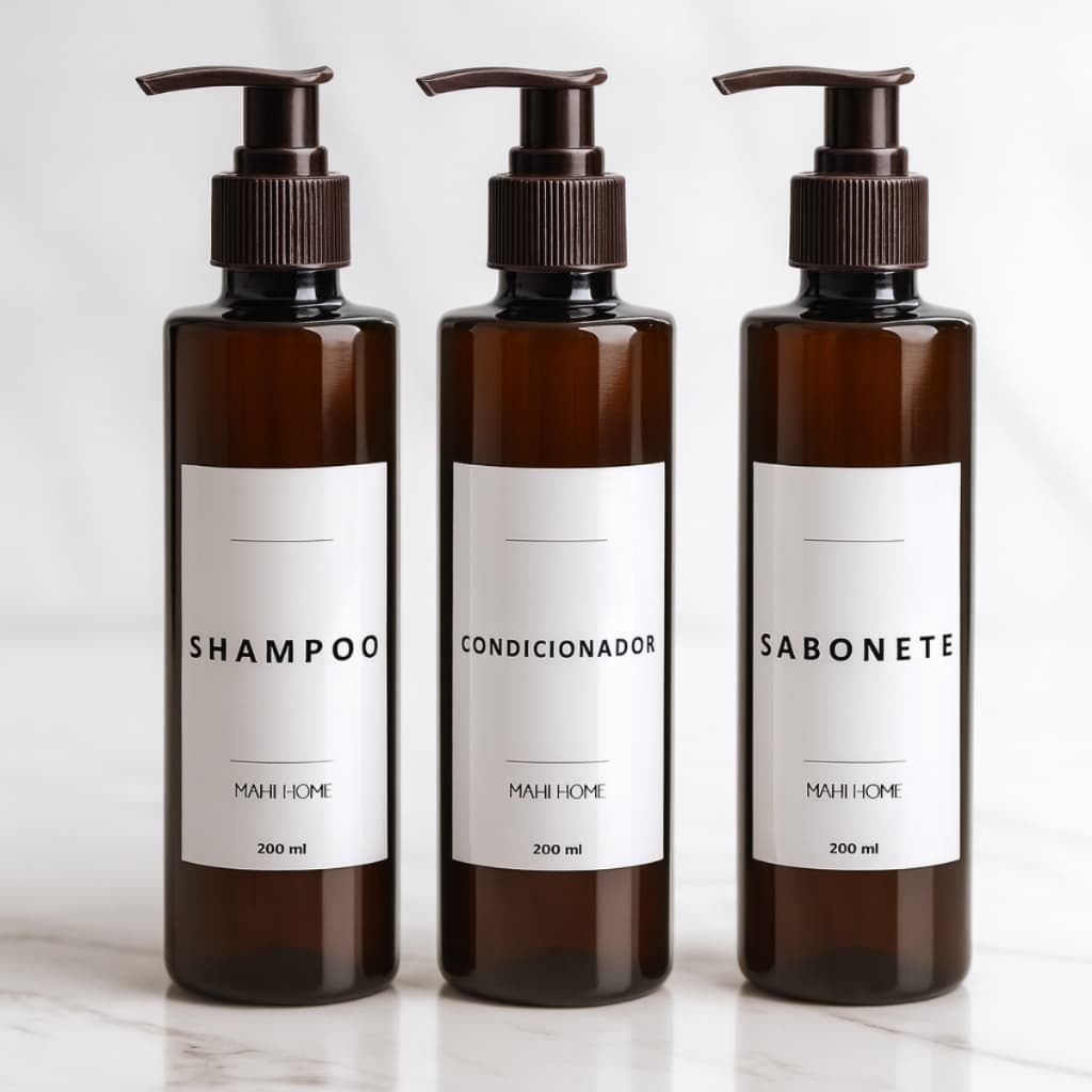 Kit 3 Frascos Âmbar Luxo Shampoo Condicionador e Sabonete 200ml Banheiro Decor Kit Viagem
