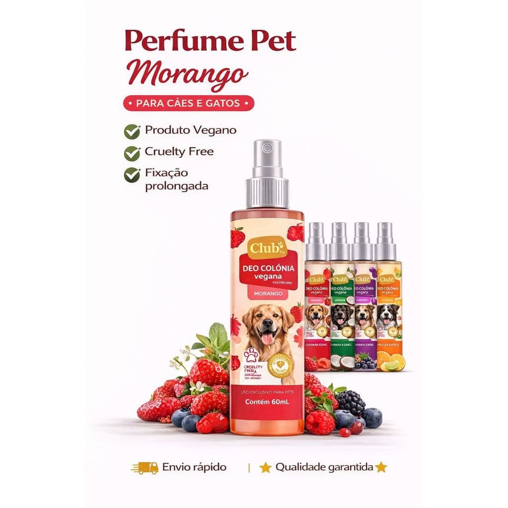 Perfume Pet Morango Para Cães e Gatos 60ml Deo Colônia Vegana Club Pet Cruelty Free