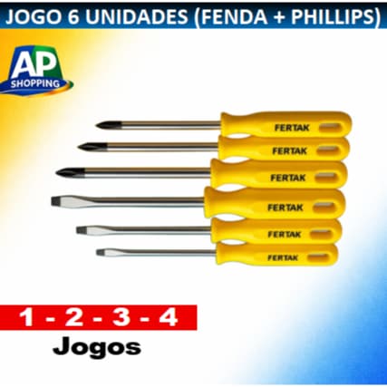 Jogo de Chaves de Fenda e Phillips 6 Peças FERTAK Alta Resistência Uso Profissional e Doméstico