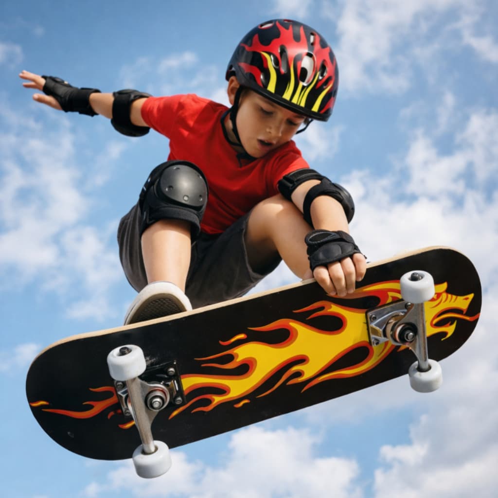 Skate Infantil Radical Semi Profissinonal Shape de Madeira Kit Proteção Menino Menina Iniciante 70 cm Dragão de Fogo